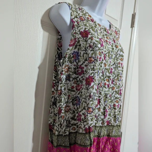 J Jill Medium Sleeveless Floral Print Pleated Blouse Pink Spring Tank Dipped - Picture 4 of 6